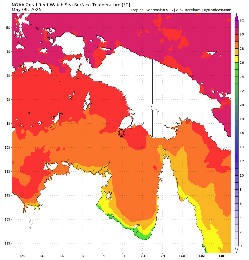 Sea surface temperature map for Tropical Depression 93S